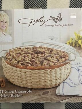 Dolly 3 QT Glass Casserole with Wicker Basket - Cream